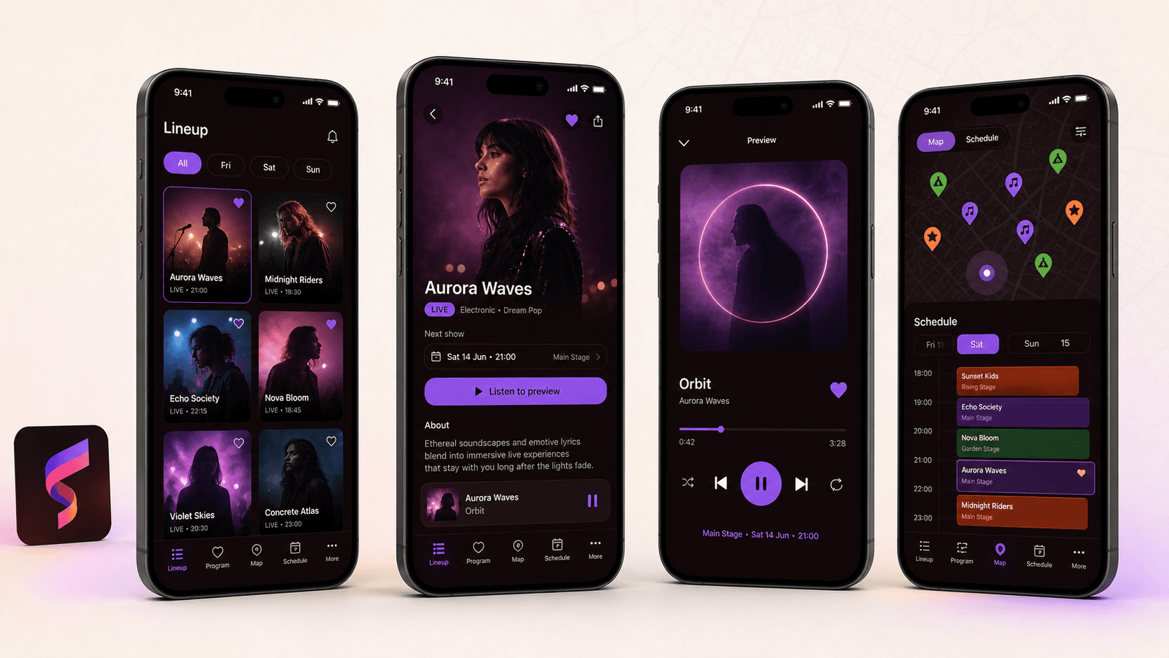Aperçu mobile FestivalApps avec programme, lineup et carte