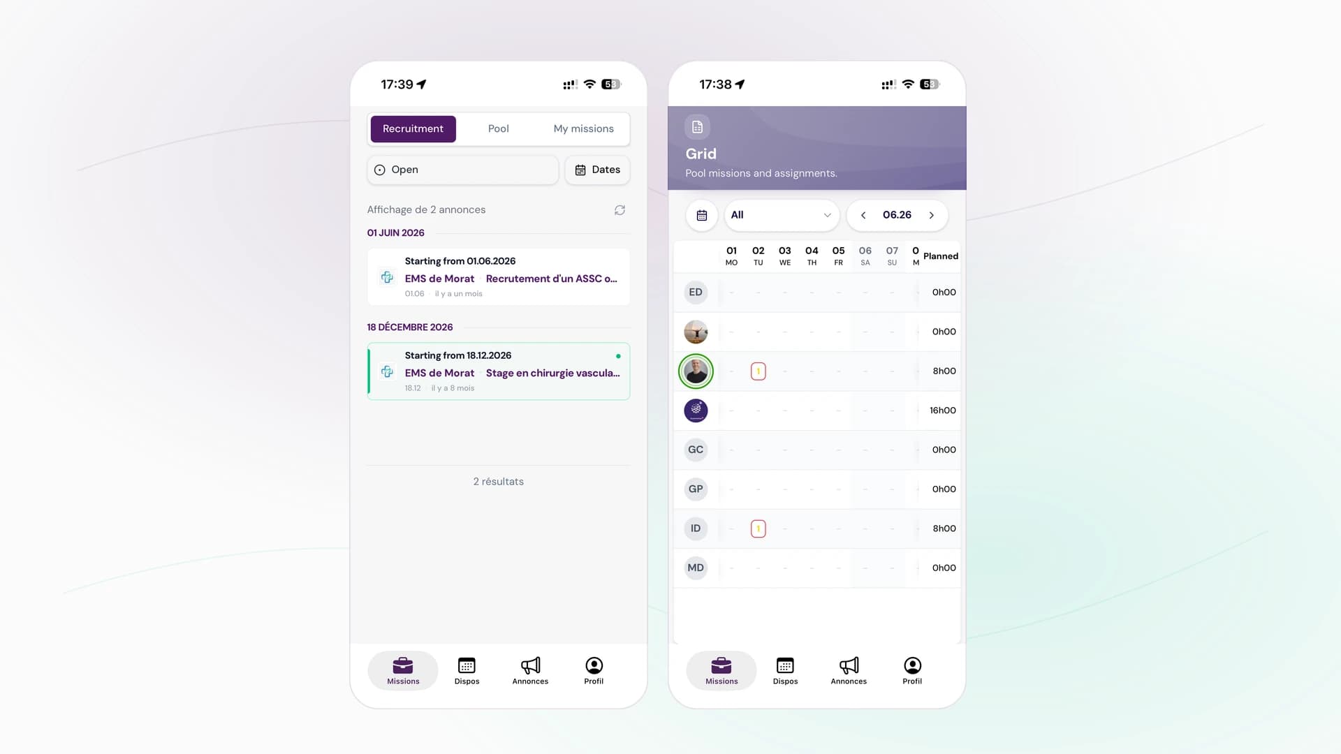 Aperçu mobile Le Pool avec missions de recrutement et planning