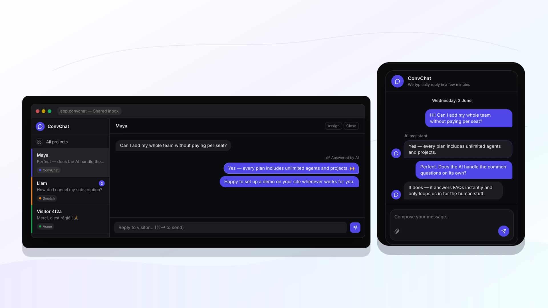 Aperçu mobile ConvChat avec interface de support conversationnel