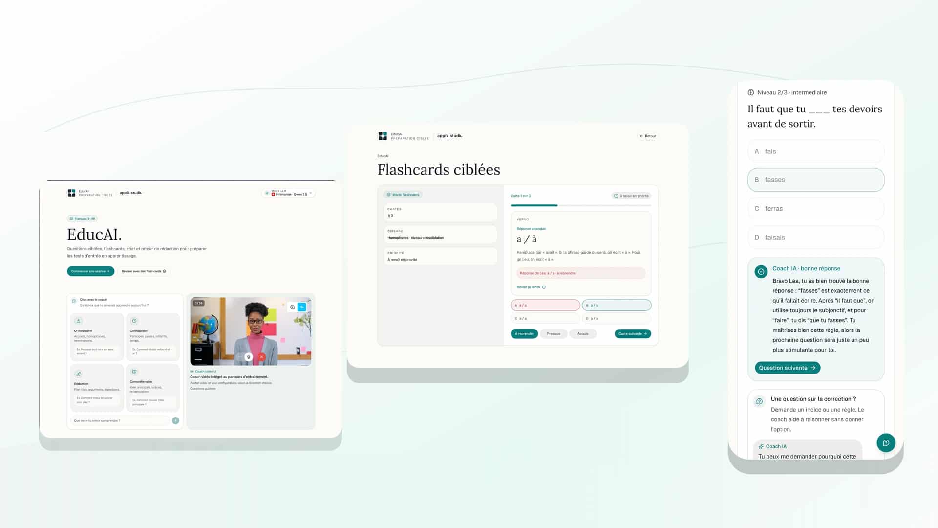 Aperçu EducAI avec coach vidéo, flashcards ciblées et parcours mobile