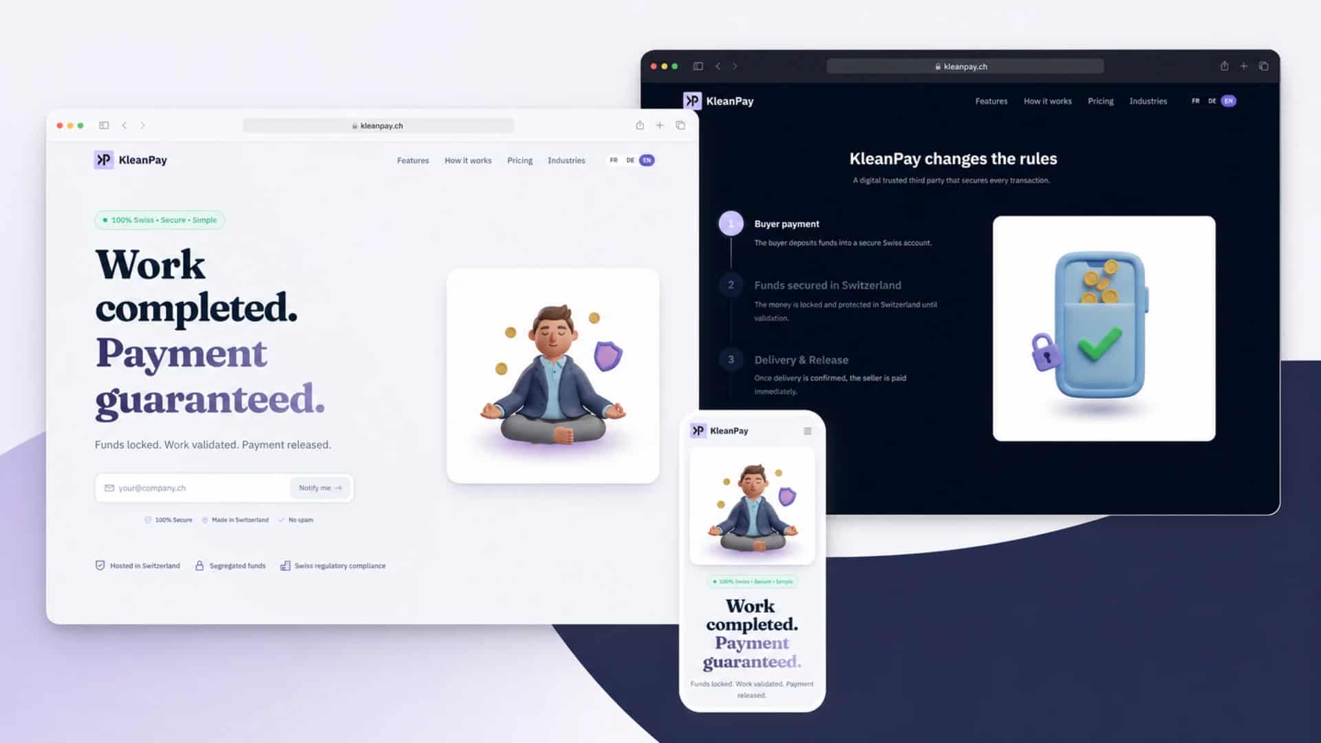 Aperçu KleanPay avec hero produit, flow escrow et version mobile