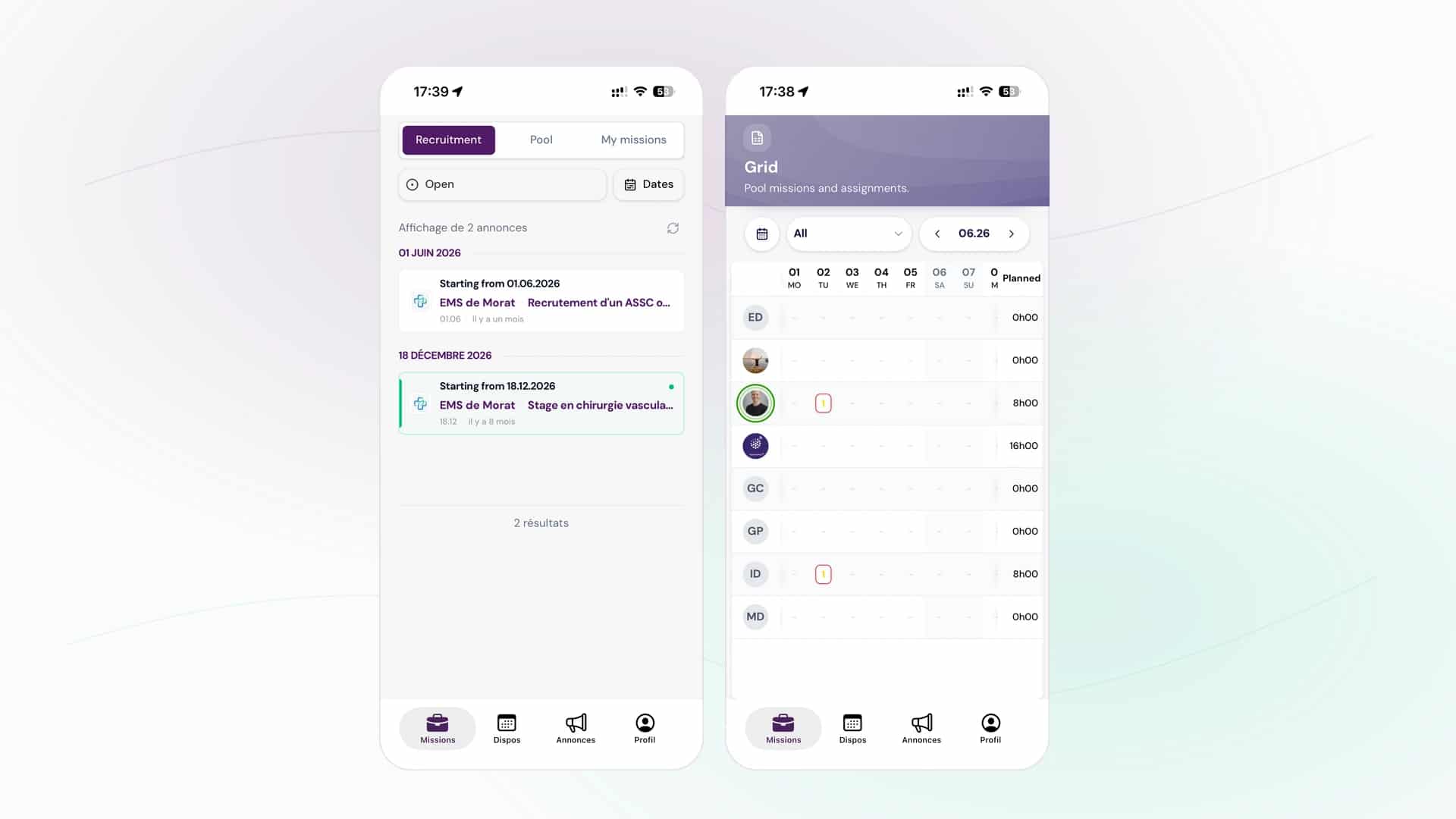 Aperçu mobile Le Pool avec missions de recrutement et planning