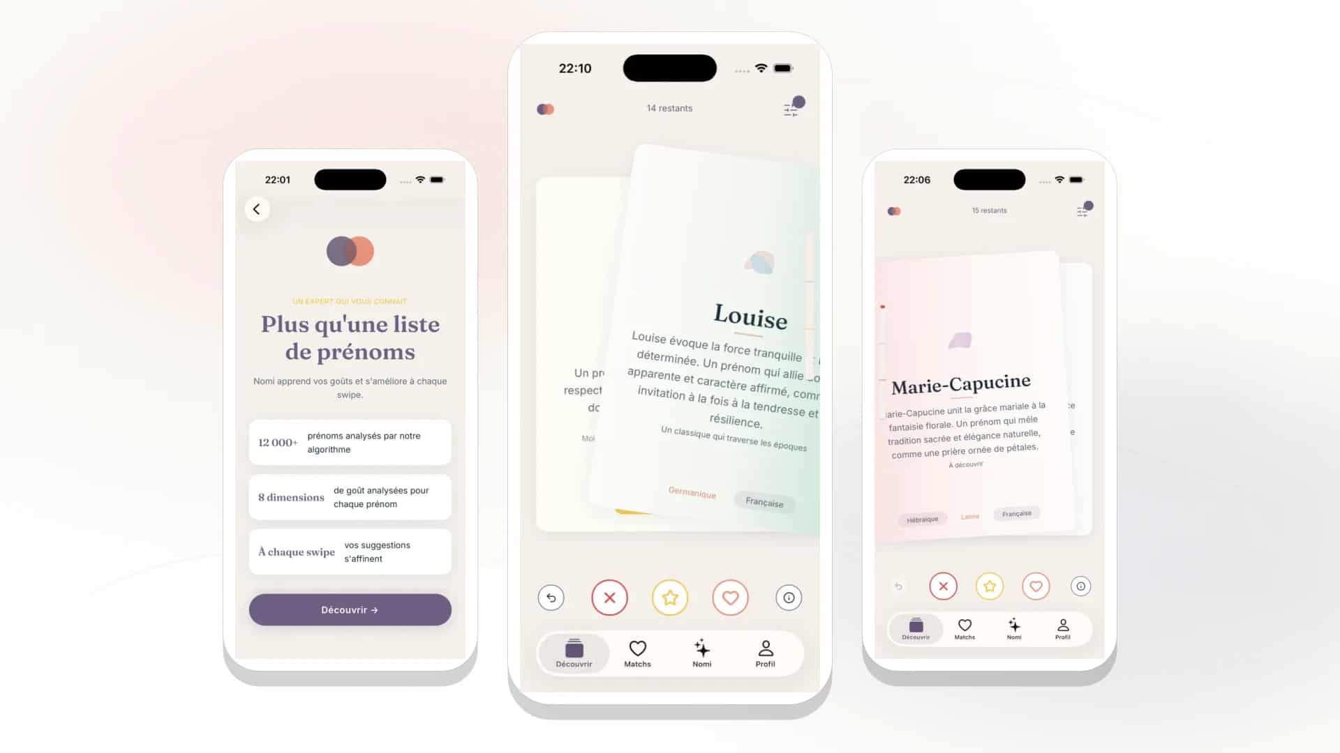 Aperçu mobile Nomi Baby avec trois écrans de recommandations de prénoms